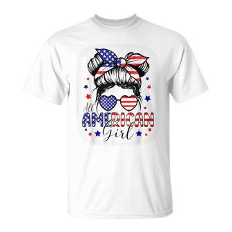 All American Girl 4Th Of July Daughter Messy Bun Usa T-Shirt - Thegiftio UK