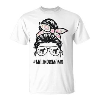 Belga Malinois Mamá Desordenado Moño Cabello Gafas Malinois Mama In Mangas Camiseta unisex - Regaloses