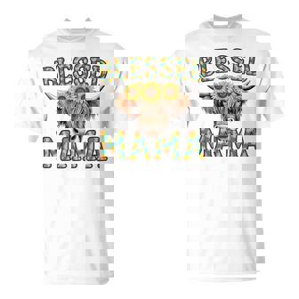 Cute Blessed Mama Highland Cow Mom Sunflowers T-Shirt - Monsterry