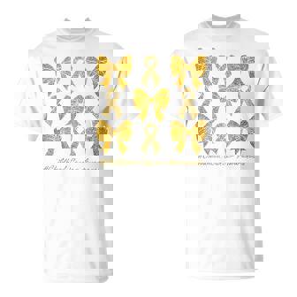 Cute Gold Bow Coquette Childhood Cancer Awareness Woman Girl T-Shirt - Monsterry