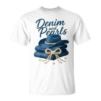 Denim And Pearls Outfit Western Cowgirl Rodeo Fashion T-Shirt - Thegiftio UK