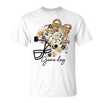 Floral Football Game Day Girly Bow Team Spirit Black & Gold T-Shirt - Monsterry