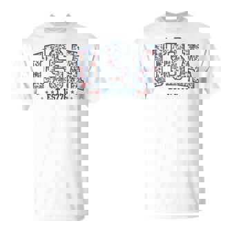 Floral Usa Retro America 4Th Of July Patriotic Girly T-Shirt - Monsterry