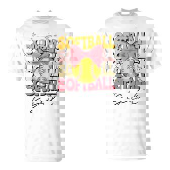 Groovy Softball Girl Girls Coquette Bow Softball T-Shirt - Thegiftio