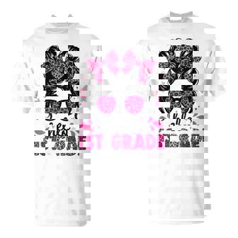 Hello 1St Grade Messy Bun Coquette First Day Of School Girls T-Shirt | Mazezy