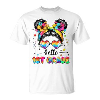 Hello 1St Grade Messy Bun First Day Of School Outfits Girls T-Shirt - Thegiftio UK