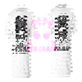Hello 4Th Grade Messy Bun Coquette First Day Of School Girls T-Shirt | Mazezy