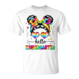 Hello Kindergarten Messy Bun First Day Of School Outfits T-Shirt - Thegiftio UK
