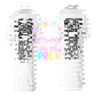 Little Miss Pre-K Messy Bun First Day Of School T-Shirt - Monsterry