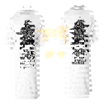 Mema Life Leopard Messy Bun Mema Mother's Day T-Shirt | Mazezy