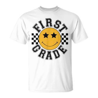 Retro First Grade Smile Face Back To School Teacher Student T-Shirt - Thegiftio UK