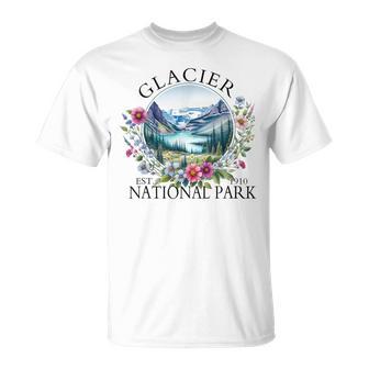 Retro Floral Glacier National Park Hiking Camping Outdoor T-Shirt - Thegiftio UK