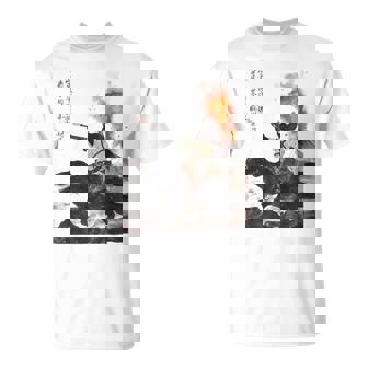 Retro Kalligraphie Katze Dinosaurierulkanausbruch Kunstdruck T-Shirt - Geschenkecke
