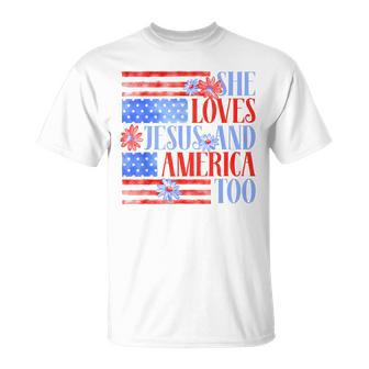 She Loves Jesus And America Too Usa Flag Floral 4Th Of July T-Shirt - Thegiftio UK