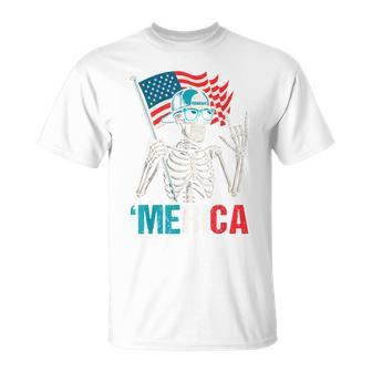 Skeleton Merica Rock American Flag Patriotic 4Th Of July T-Shirt - Thegiftio UK