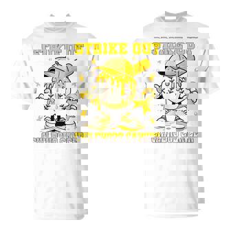 Strike Out Childhood Cancer Boys Baseball Drip Gold Ribbon T-Shirt - Monsterry