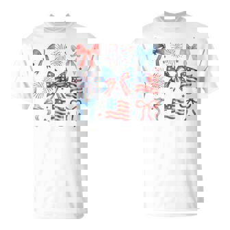 Usa Flag Fireworks Bows Patriotic 4Th Of July Coquette Girls T-Shirt - Monsterry