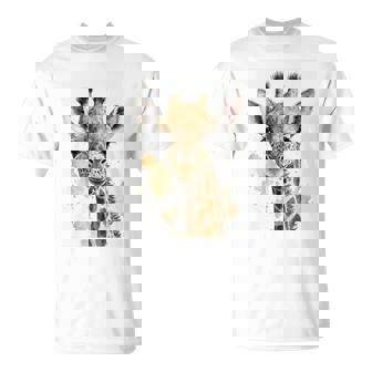 かわいい水彩画 キリン 赤ちゃん 美的 動物 アート 絵画 長袖tシャツ Tシャツ - Kawaiitshirt