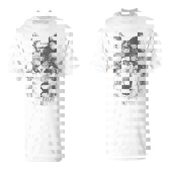 オオカミの顔 青い目 美的スマッジアートスタイル 野生動物 Tシャツ - Kawaiitshirt