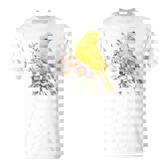 カナリアの鳥好き、ピンクの花のかわいい鳥、自然。 Tシャツ - Kawaiitshirt