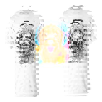 ゴールデンドゥードル、ヘッドフォン、犬、動物プリント Tシャツ - Kawaiitshirt
