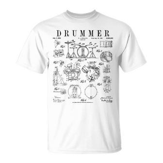 ドラムセットキット ヴィンテージ パテントドラマー ドローイングプリント Tシャツ - Kawaiitshirt