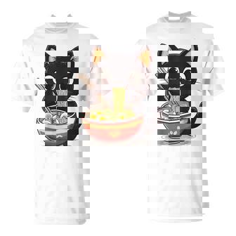 ヌードルキャット黒猫ラーメンデザイン Tシャツ - Kawaiitshirt