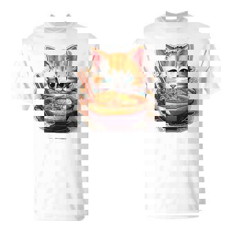 ラーメンを食べている子猫 Tシャツ - Kawaiitshirt