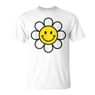 レトロ ヴィンテージ イエロー ハッピー スマイル スマイル フェイス デイジーフラワー Tシャツ - Kawaiitshirt