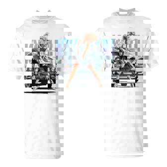 強風ピンナップガールとオールドアメ車のバックプリント Tシャツ - Kawaiitshirt