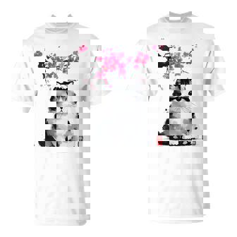 日本の墨絵マンチキン猫 桜 桜アート Tシャツ - Kawaiitshirt