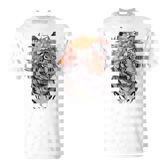 花柄 水彩 虎 花 王冠 虎好き Tシャツ - Kawaiitshirt
