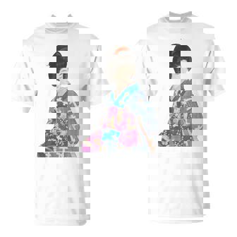 青い着物を着た美しい芸者 日本画 鳥居 言人 帯 美人画 新版画 日本画 長袖tシャツ Tシャツ - Kawaiitshirt