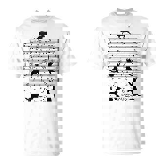 音楽譜上の遊ぶ猫のシルエットデザイン ピアノ音符 遊び心のある猫 猫 ジョーク かわいい 動物好き ギャグ好き Tシャツ - Kawaiitshirt