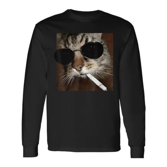 sunglasses cigarette meme Cat Meme Wearing Sunglass And Smoking Cigarette Gangster Cat Long Sleeve  T-Shirt