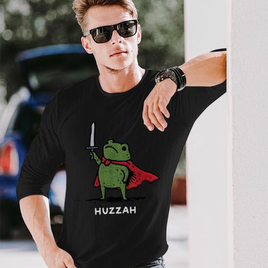 Embroidered Huzzah Frog With Sword Tee, Embroidered Medieval Frog