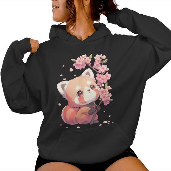 Sweat à Capuche Panda Roux Kawaii Avec Fleur De Cerisier - Design Mignon Style Chibi Japonais - Cadeau Fan De Anime, Japon, Animaux - Taille Unique Ou Selon Choix
