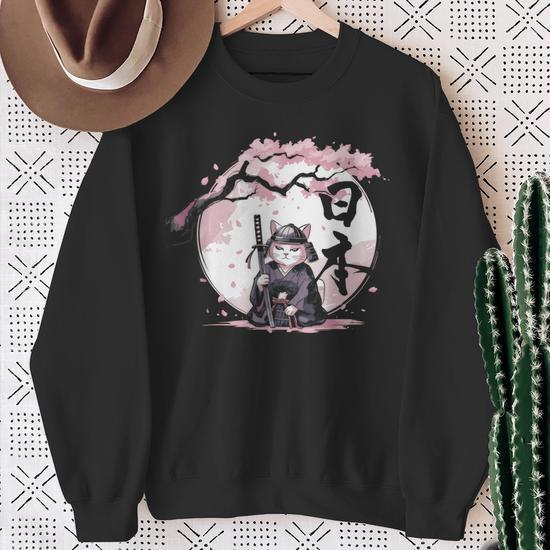 Sweatshirt Samouraï Chat Vintage - Motif Ukiyo-e Et Kanji Japonais - Style Streetwear, Unisexe - Coupe Classique, 241 G
