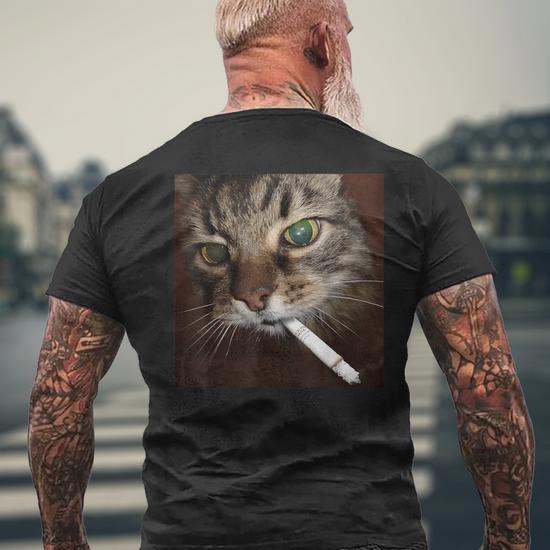 cat with cigarette Cat Meme Cat Smoking Cigarette Men's T-shirt Back Print