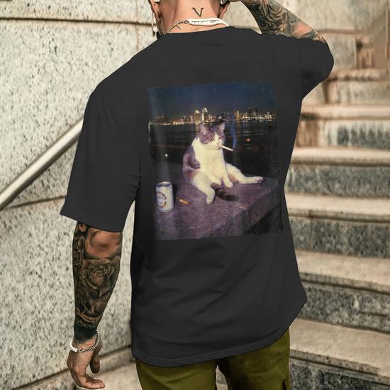 cigarette brainrot Cigarette Kitten Smoking Cat Meme Stupid Brainrot Men's T-shirt Back Print