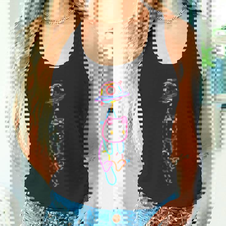 Ufoにつられるねこ ネオンカラー かわいい ねこ好き おもしろ タンクトップ