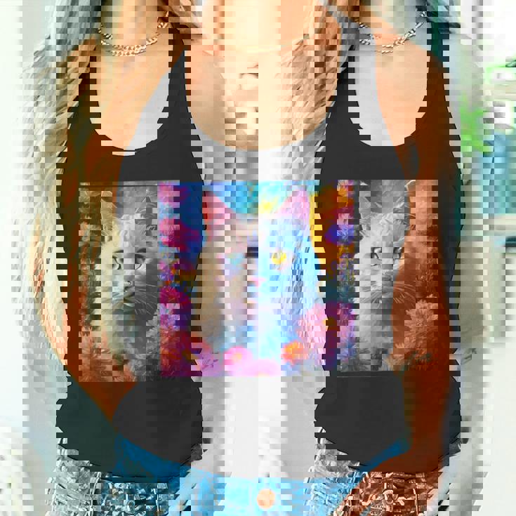 「お花畑のルディ猫」 油絵風ファンタジーアート 綺麗 かわいい オッドアイ リアル タンクトップ