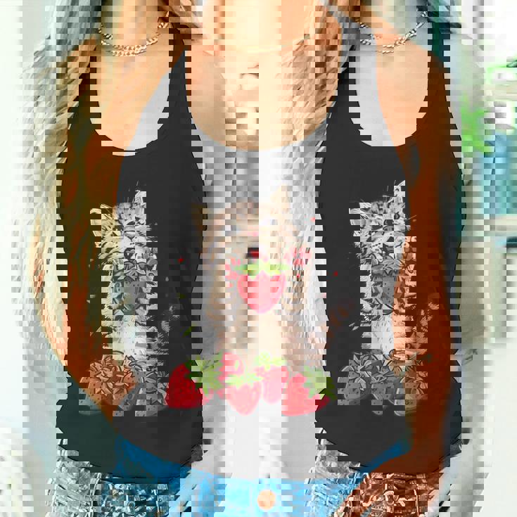 いちご 猫 いちご フルーツ ネコ アニマル プリント 図面 タンクトップ