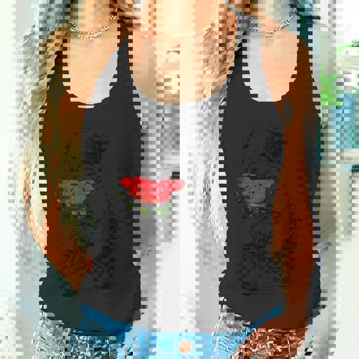 かわいいブルドッグが自転車に乗ってスイカを食べる 誕生日 タンクトップ