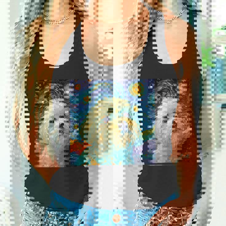 かわいいマルチーズドッグ 星月夜 ヴィンセント・ヴァン・ゴッホ絵画 タンクトップ