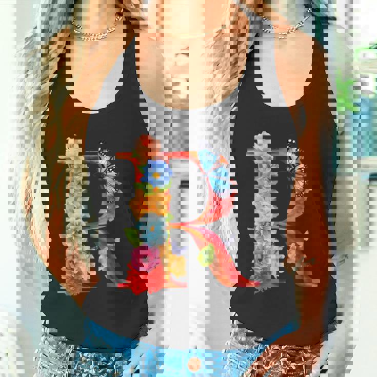 イニシャル R アルファベット バタフライ ローズ 花 水彩 モノグラム タンクトップ