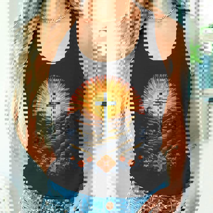 イースターデー クロスフラワー サンセット クリスチャン イースター タンクトップ