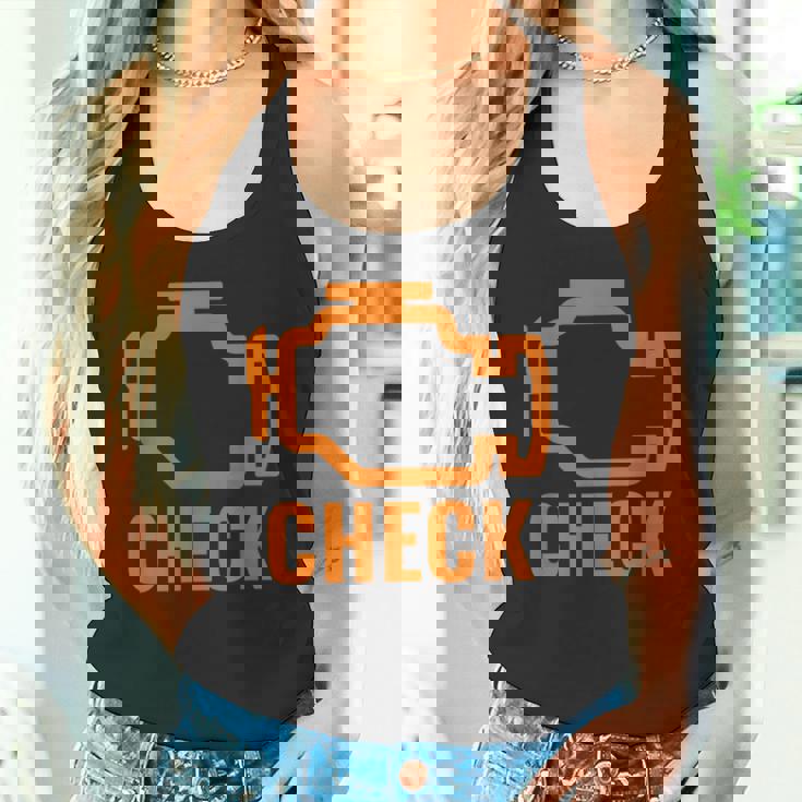 オレンジ色の車のエンジンダッシュボード警告灯 面白いメカニック。 タンクトップ