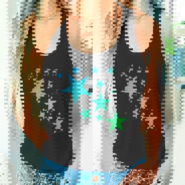 カラフルなグリーンブルーの星、星柄デザイン。 タンクトップ