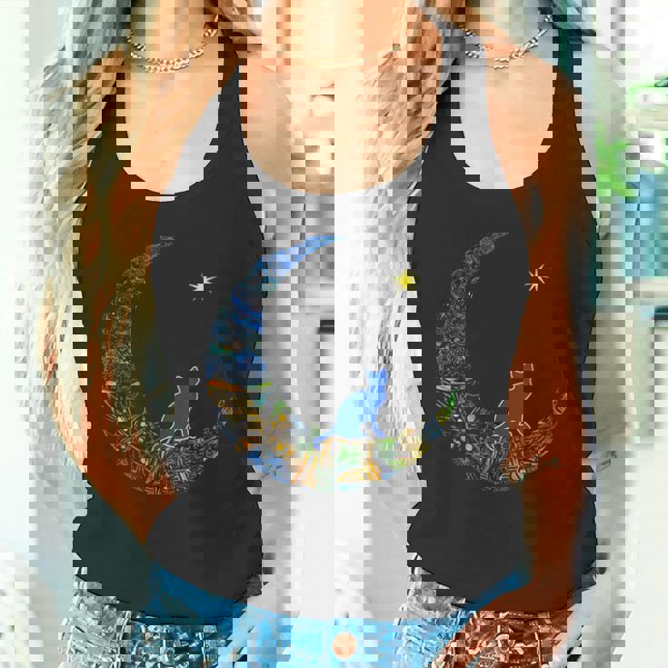 カラフルな曼荼羅三日月と猫と星 タンクトップ